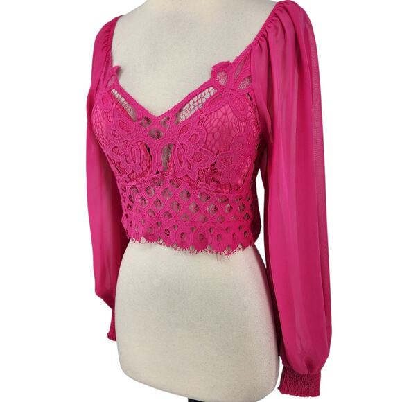 Flying Tomato Lace Crop Top – Hot Pink Sheer Long Sleeve with Smocked Back - Picture 6 of 7